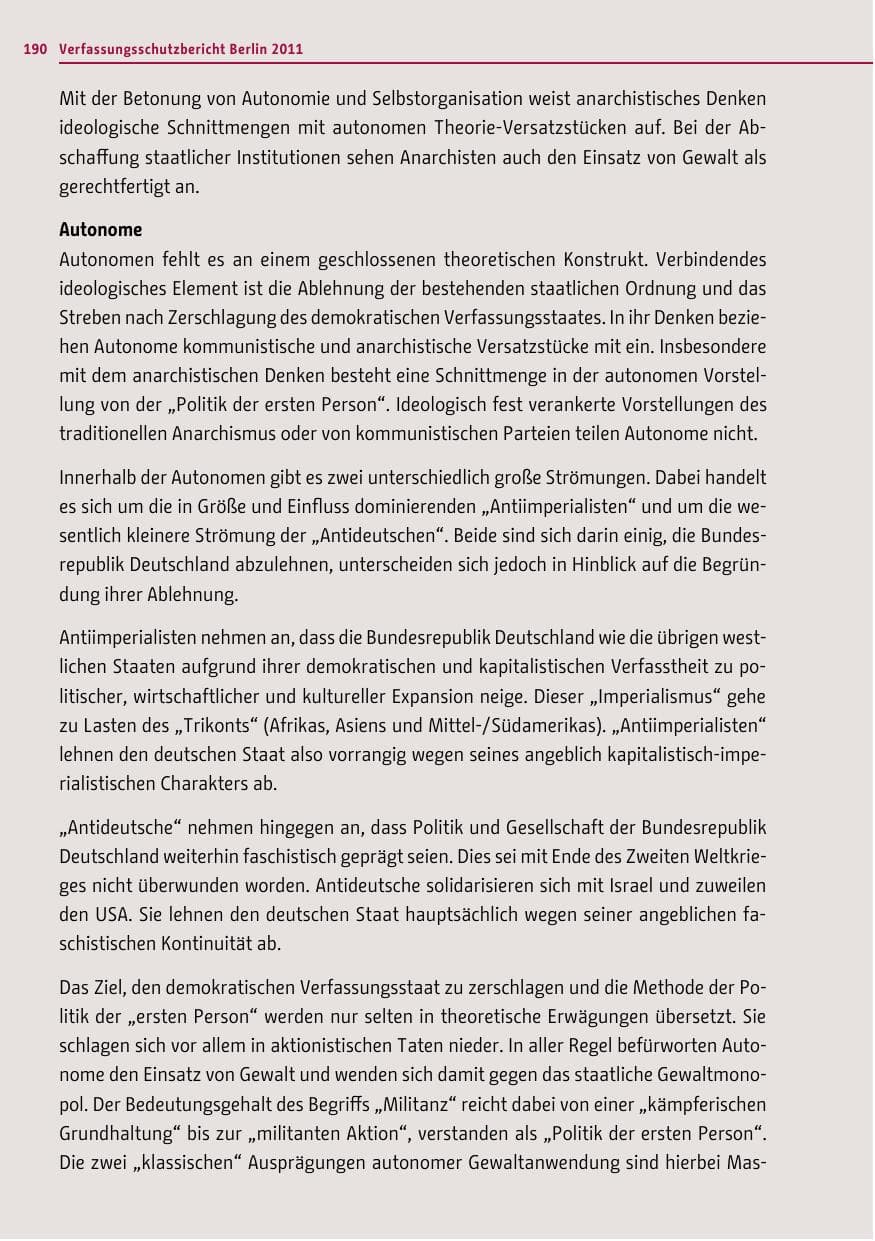 Seite 189 des Verfassungsschutzbericht 2011 Berlin