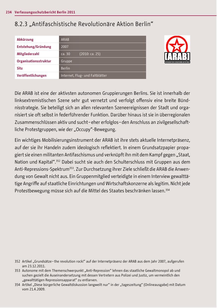 Seite 233 des Verfassungsschutzbericht 2011 Berlin