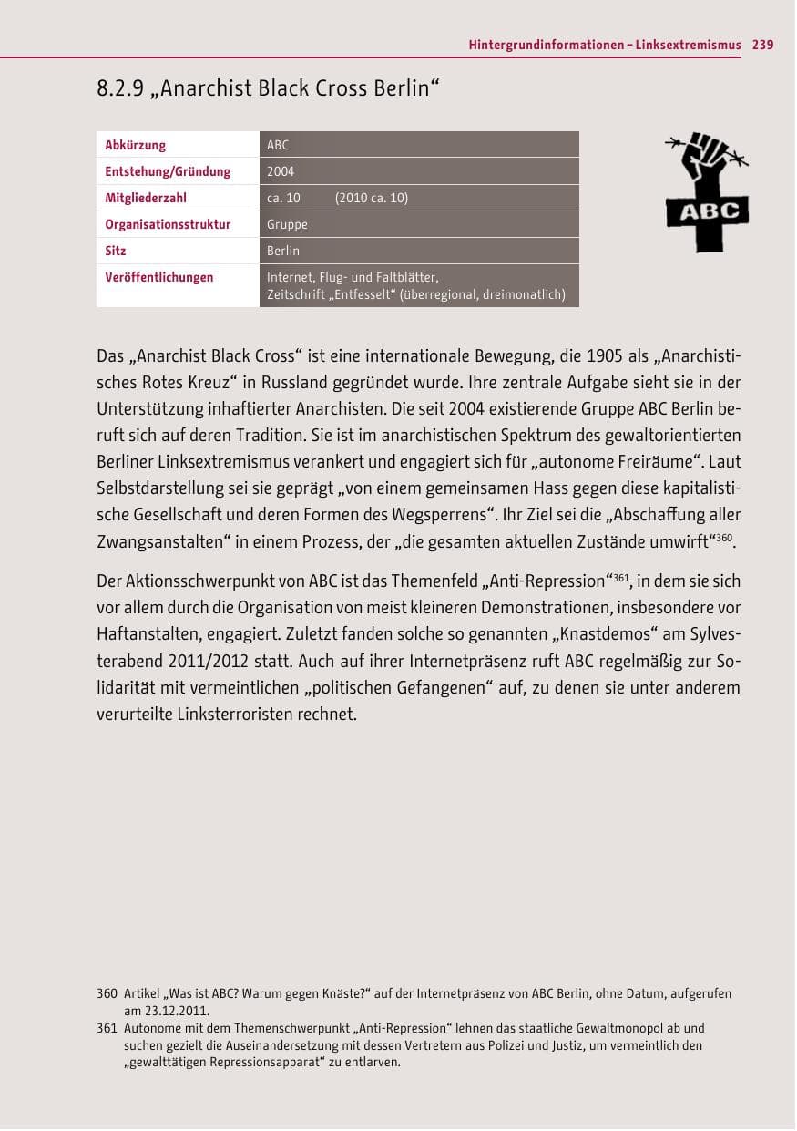 Seite 238 des Verfassungsschutzbericht 2011 Berlin
