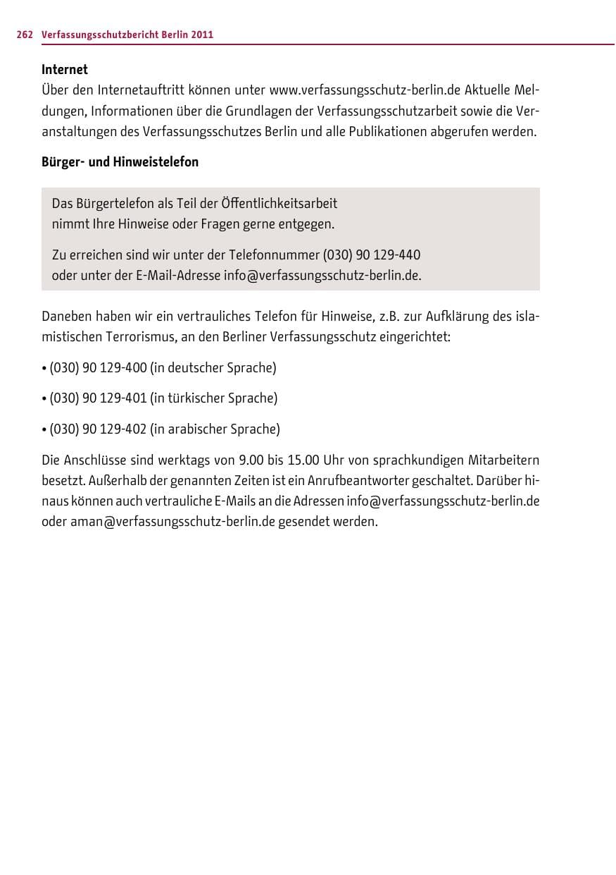 Seite 261 des Verfassungsschutzbericht 2011 Berlin