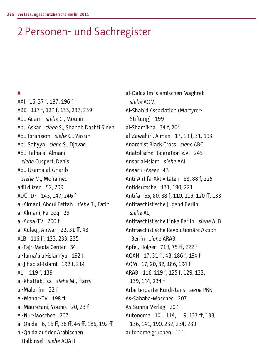Seite 275 des Verfassungsschutzbericht 2011 Berlin