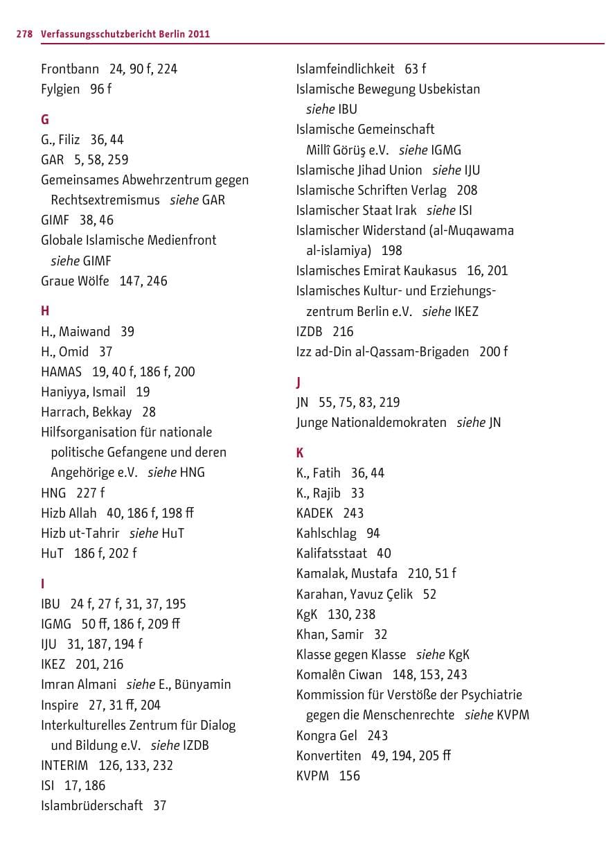 Seite 277 des Verfassungsschutzbericht 2011 Berlin