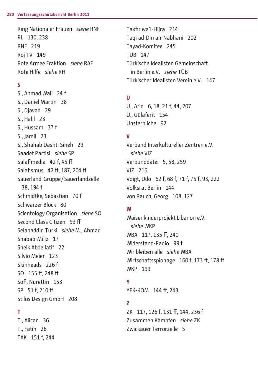 Seite 279 des Verfassungsschutzbericht 2011 Berlin