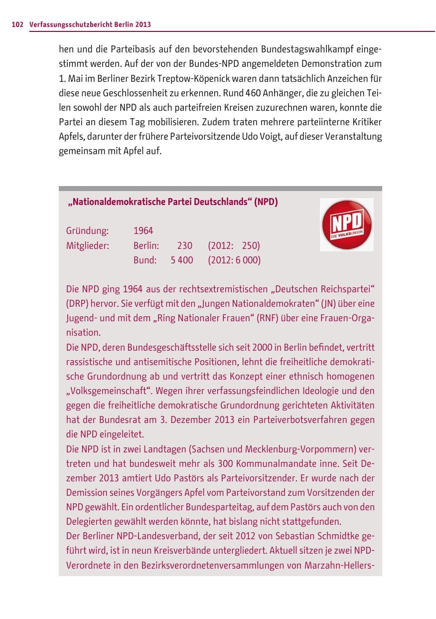 Seite 102 des Verfassungsschutzbericht 2013 Berlin