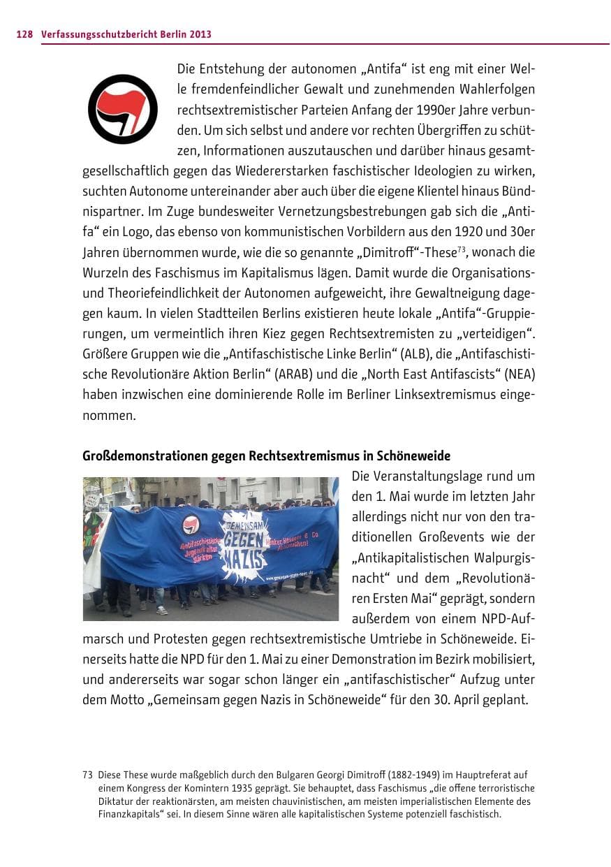 Seite 128 des Verfassungsschutzbericht 2013 Berlin