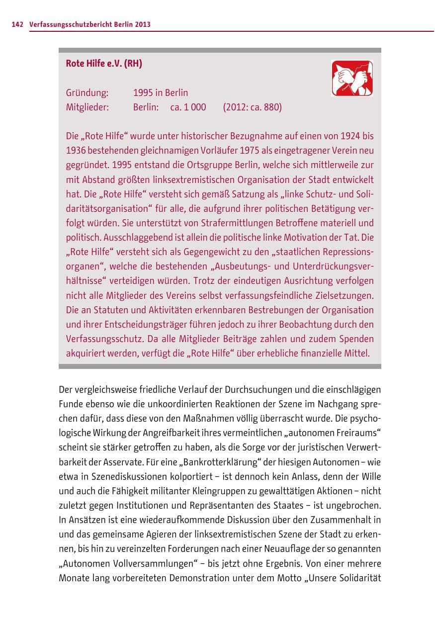 Seite 142 des Verfassungsschutzbericht 2013 Berlin