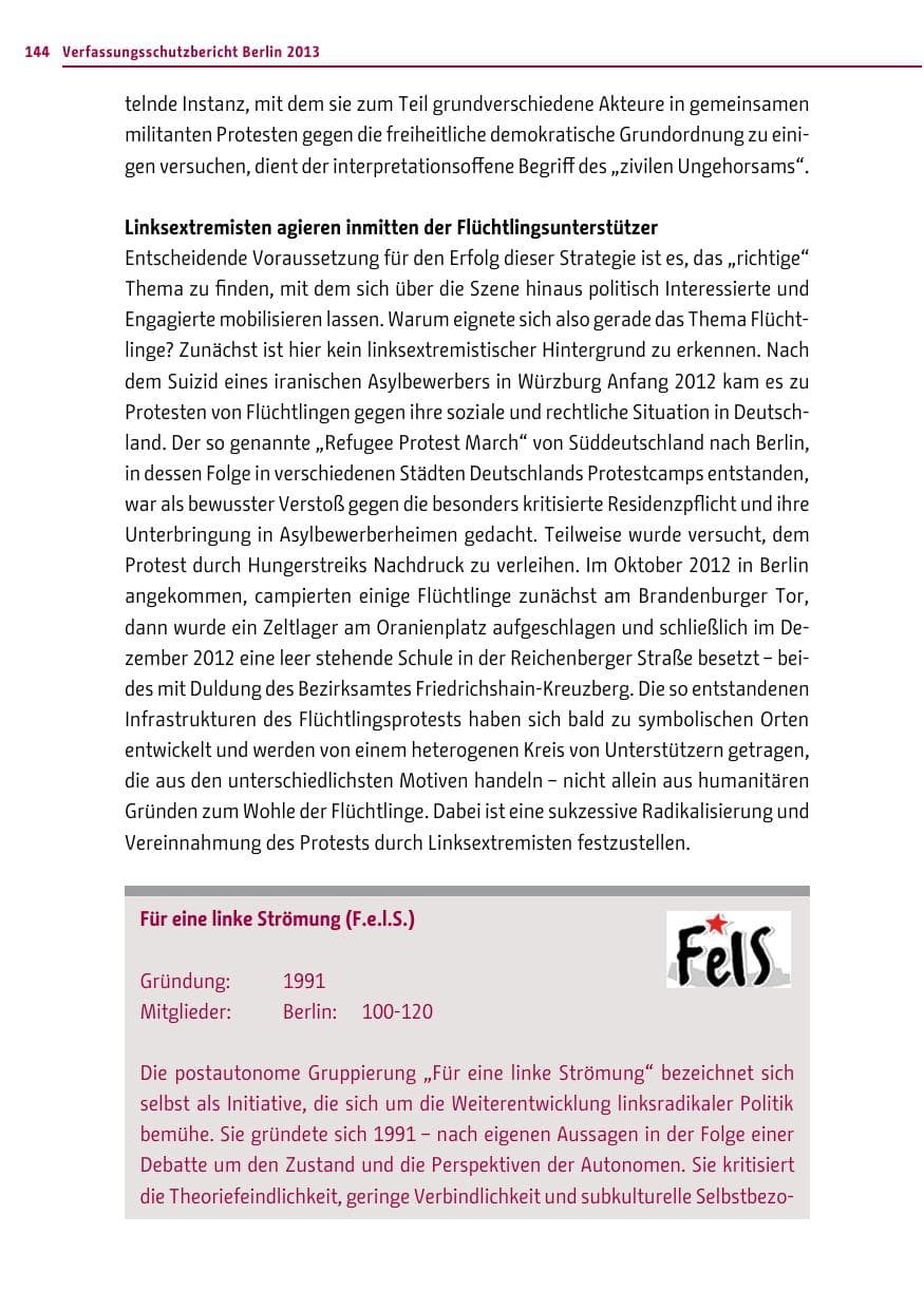 Seite 144 des Verfassungsschutzbericht 2013 Berlin