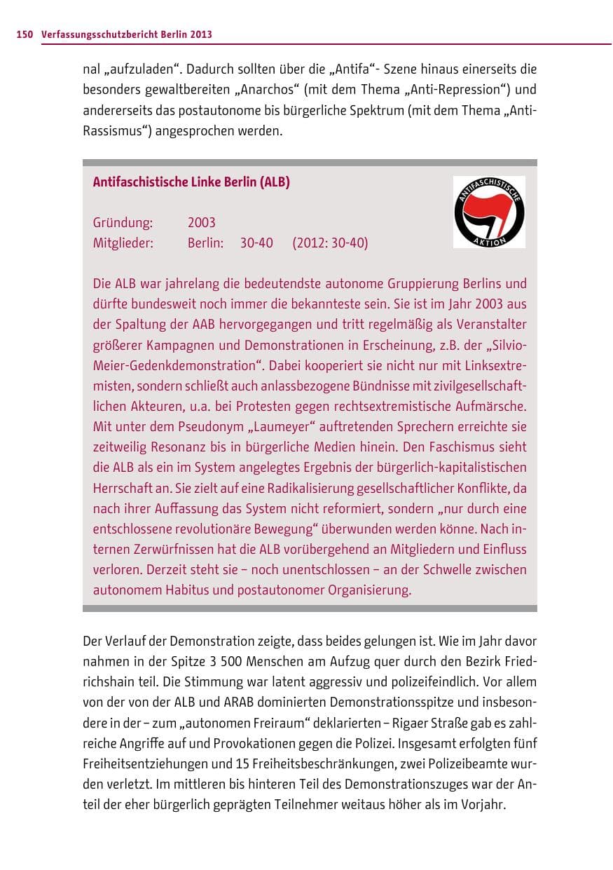 Seite 150 des Verfassungsschutzbericht 2013 Berlin