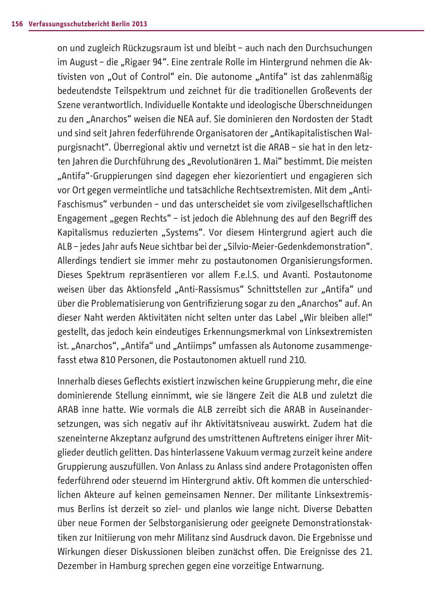 Seite 156 des Verfassungsschutzbericht 2013 Berlin