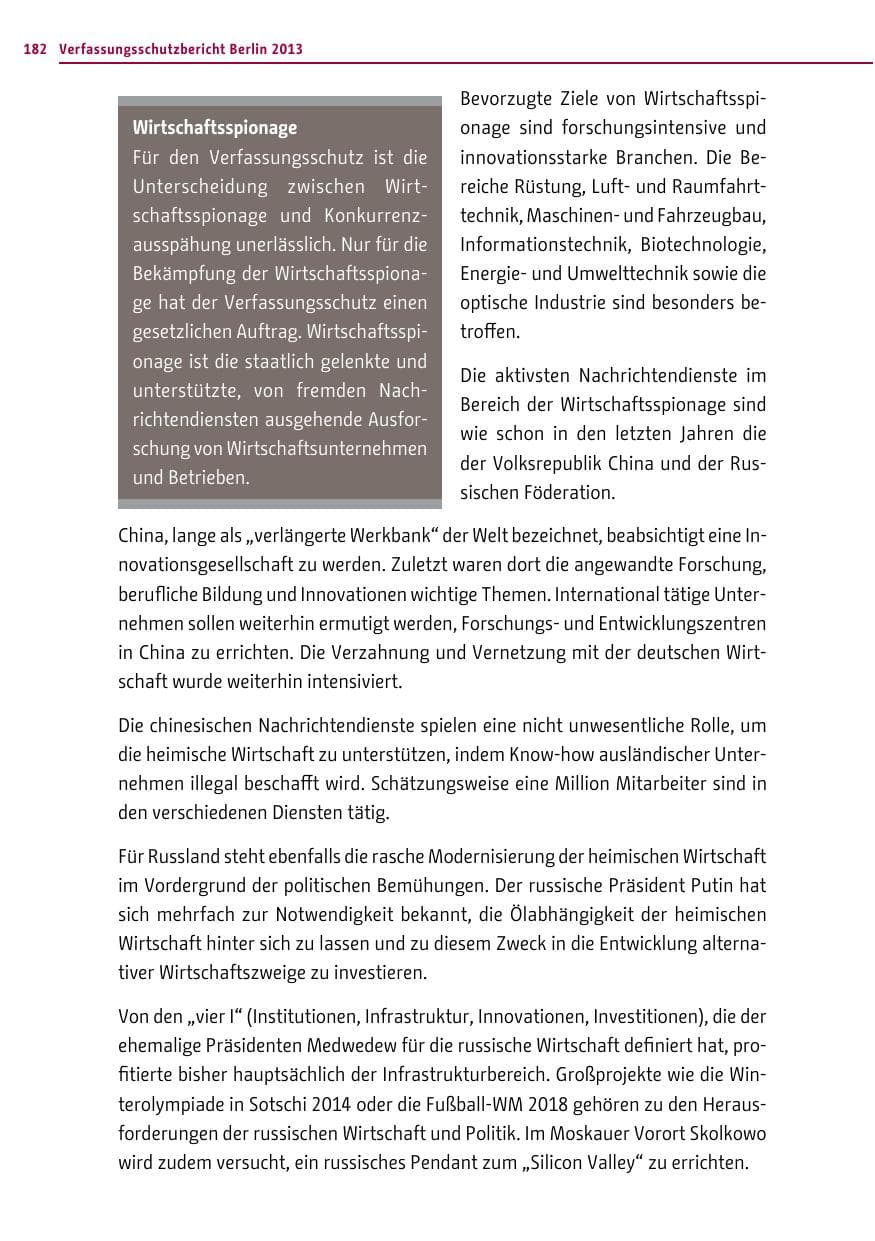Seite 182 des Verfassungsschutzbericht 2013 Berlin