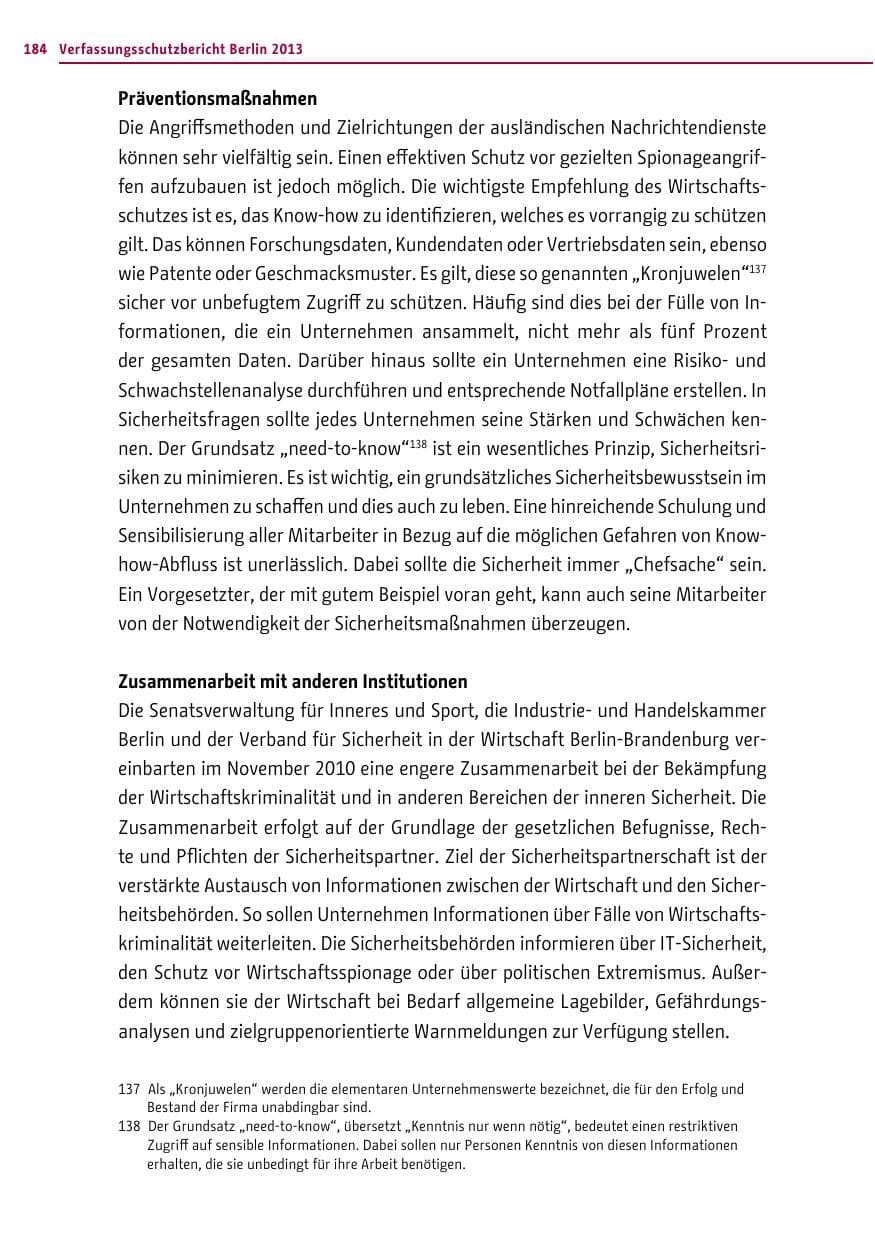 Seite 184 des Verfassungsschutzbericht 2013 Berlin