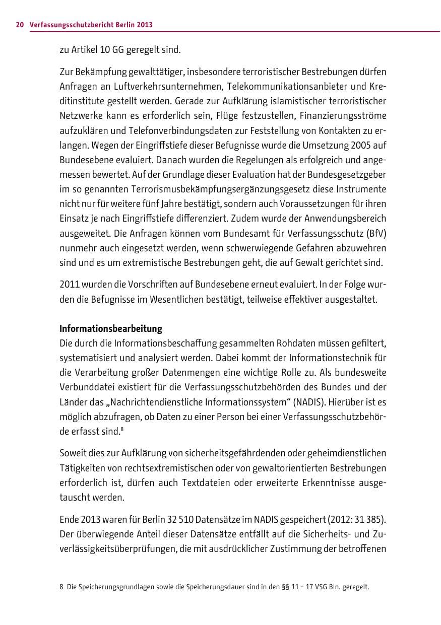 Seite 20 des Verfassungsschutzbericht 2013 Berlin