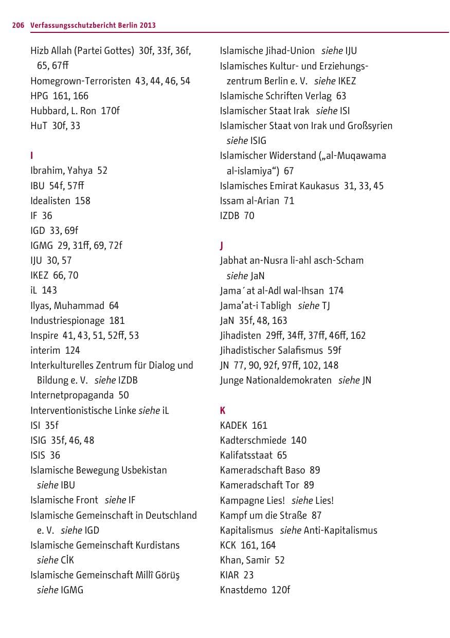 Seite 206 des Verfassungsschutzbericht 2013 Berlin