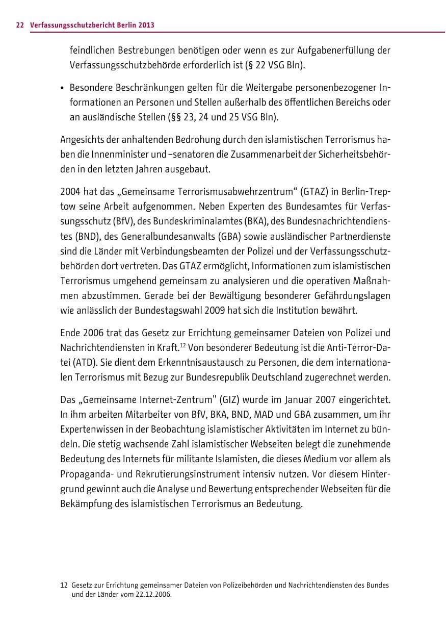 Seite 22 des Verfassungsschutzbericht 2013 Berlin