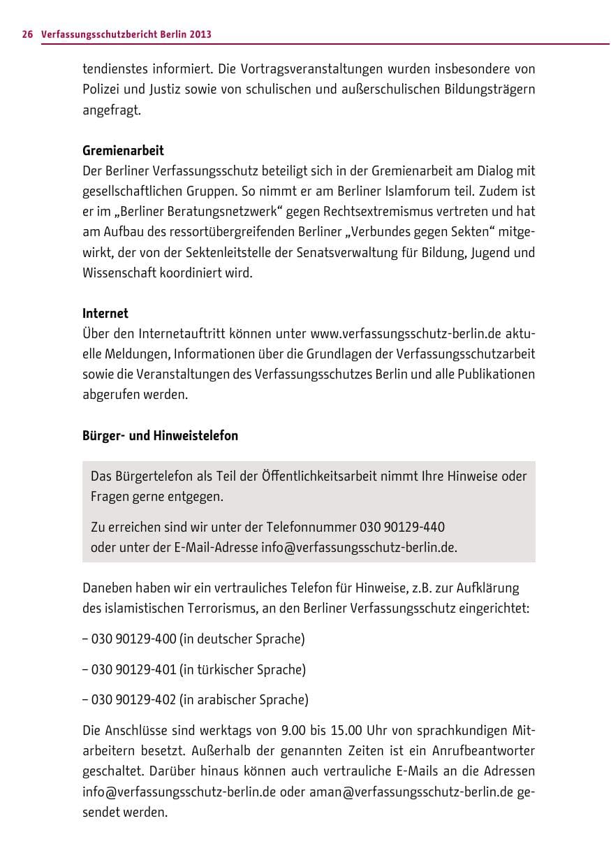 Seite 26 des Verfassungsschutzbericht 2013 Berlin