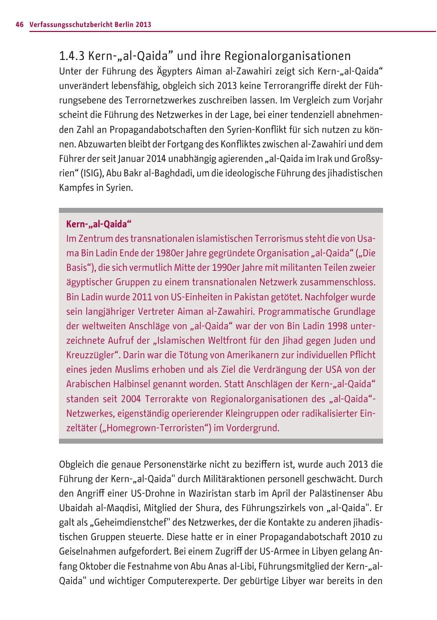 Seite 46 des Verfassungsschutzbericht 2013 Berlin