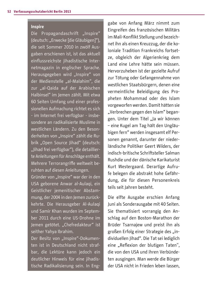 Seite 52 des Verfassungsschutzbericht 2013 Berlin
