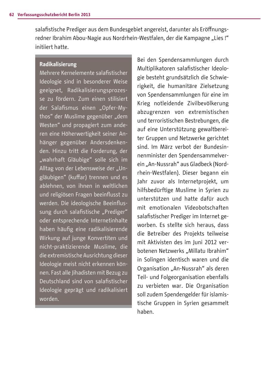 Seite 62 des Verfassungsschutzbericht 2013 Berlin