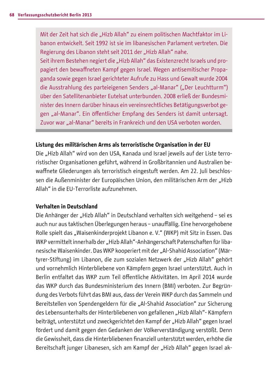 Seite 68 des Verfassungsschutzbericht 2013 Berlin