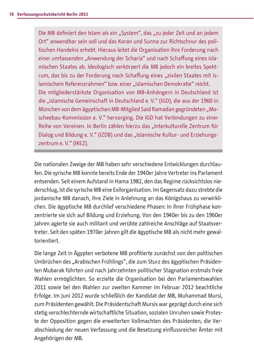 Seite 70 des Verfassungsschutzbericht 2013 Berlin
