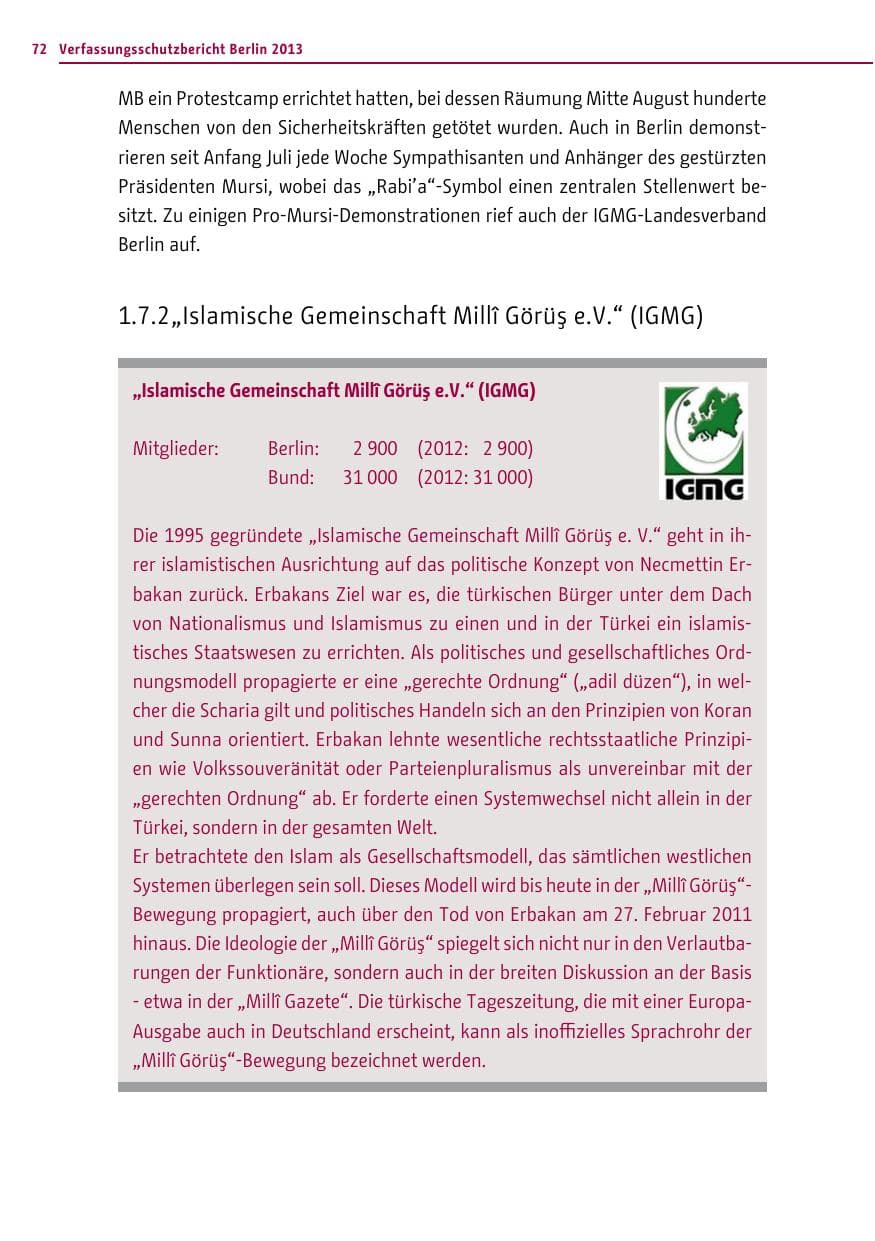Seite 72 des Verfassungsschutzbericht 2013 Berlin