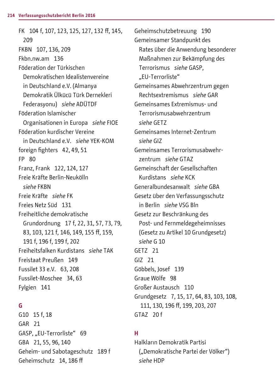 Seite 213 des Verfassungsschutzbericht 2016 Berlin