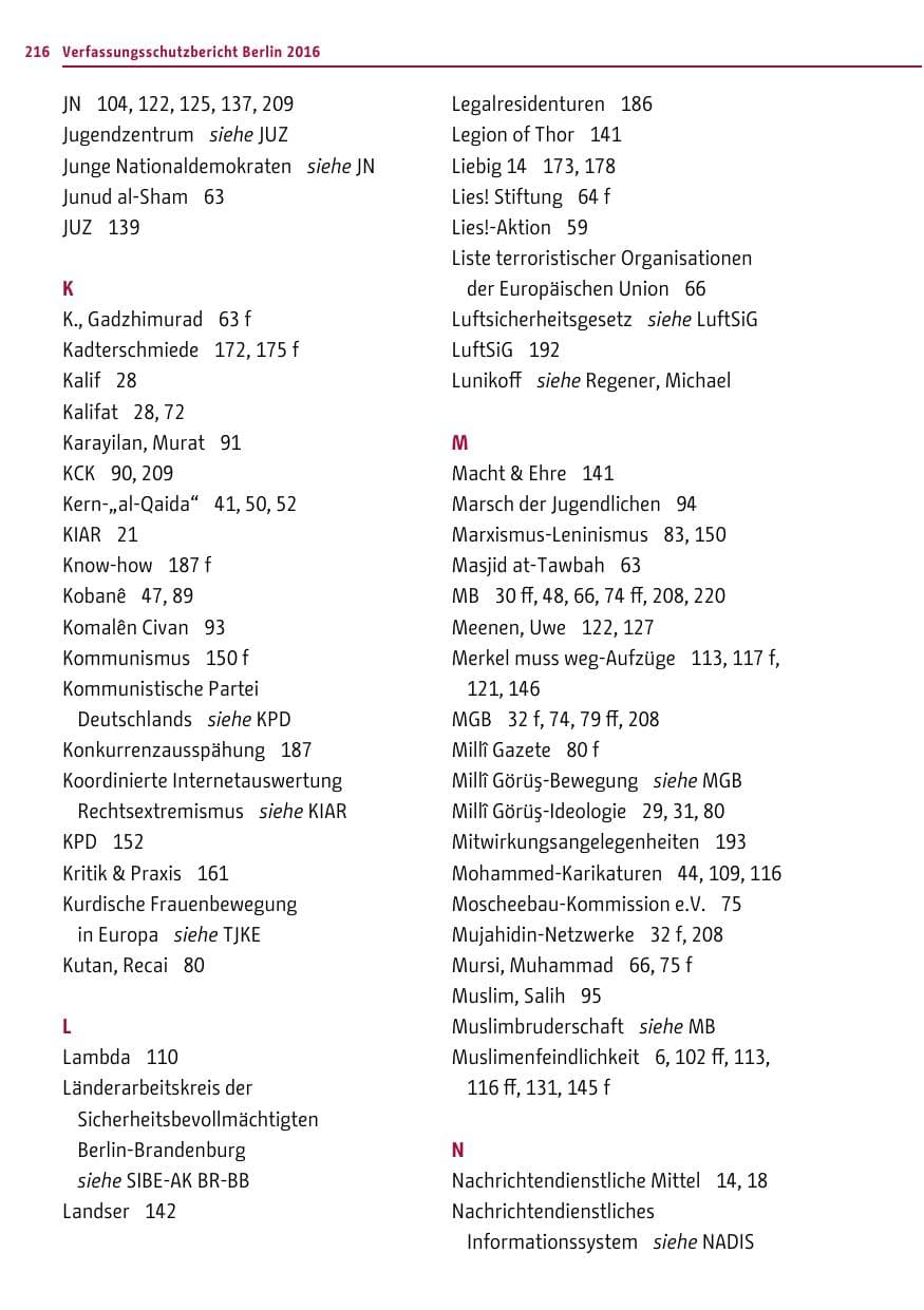 Seite 215 des Verfassungsschutzbericht 2016 Berlin