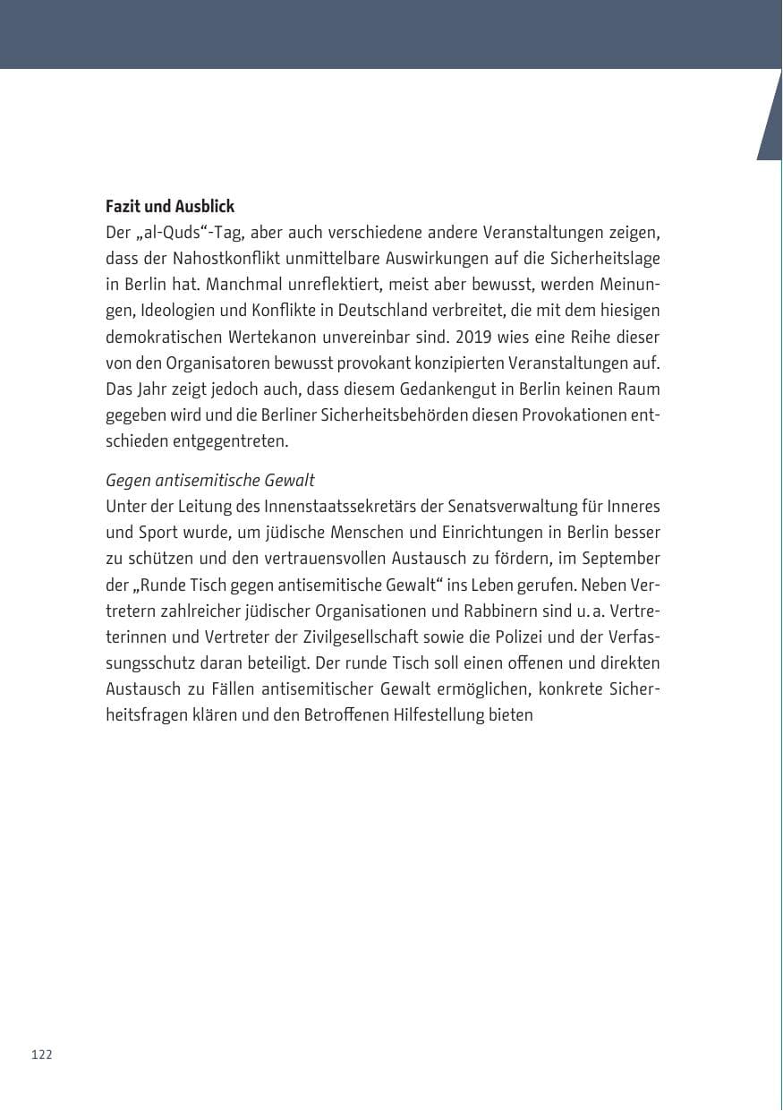Seite 122 des Verfassungsschutzbericht 2019 Berlin
