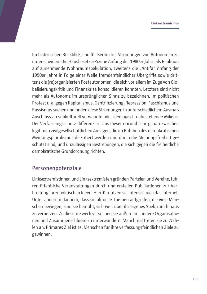 Seite 139 des Verfassungsschutzbericht 2019 Berlin