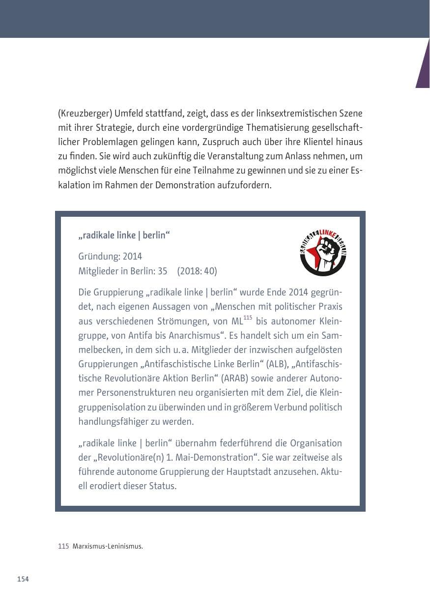 Seite 154 des Verfassungsschutzbericht 2019 Berlin