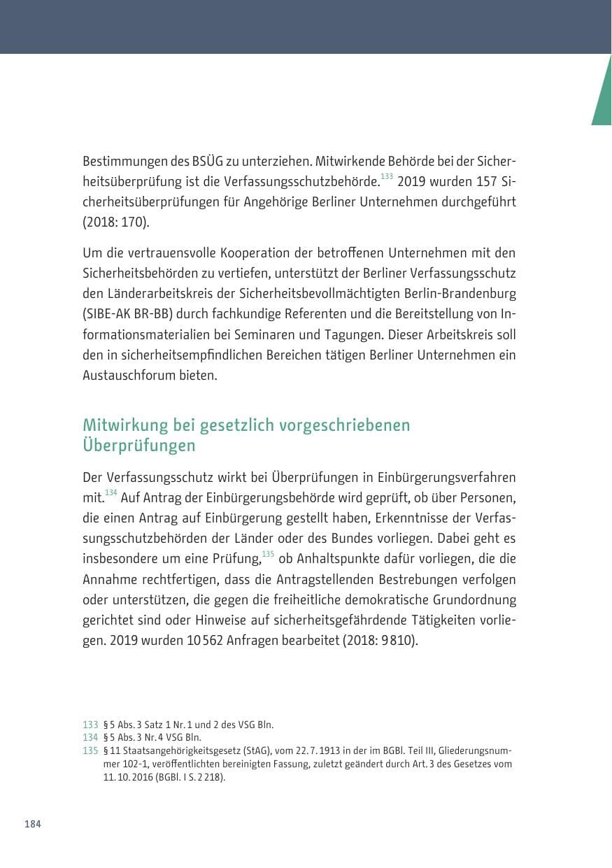 Seite 184 des Verfassungsschutzbericht 2019 Berlin
