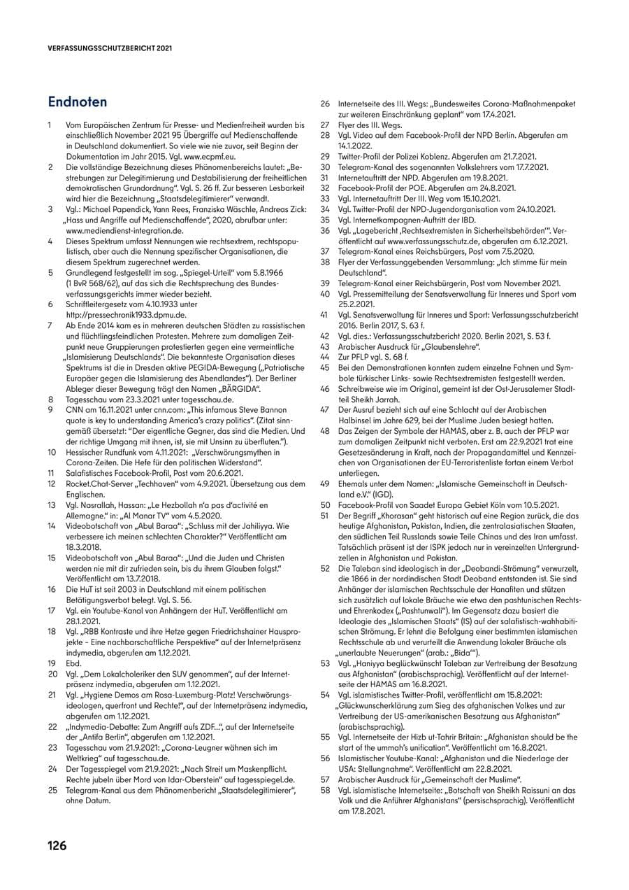 Seite 126 des Verfassungsschutzbericht 2021 Berlin