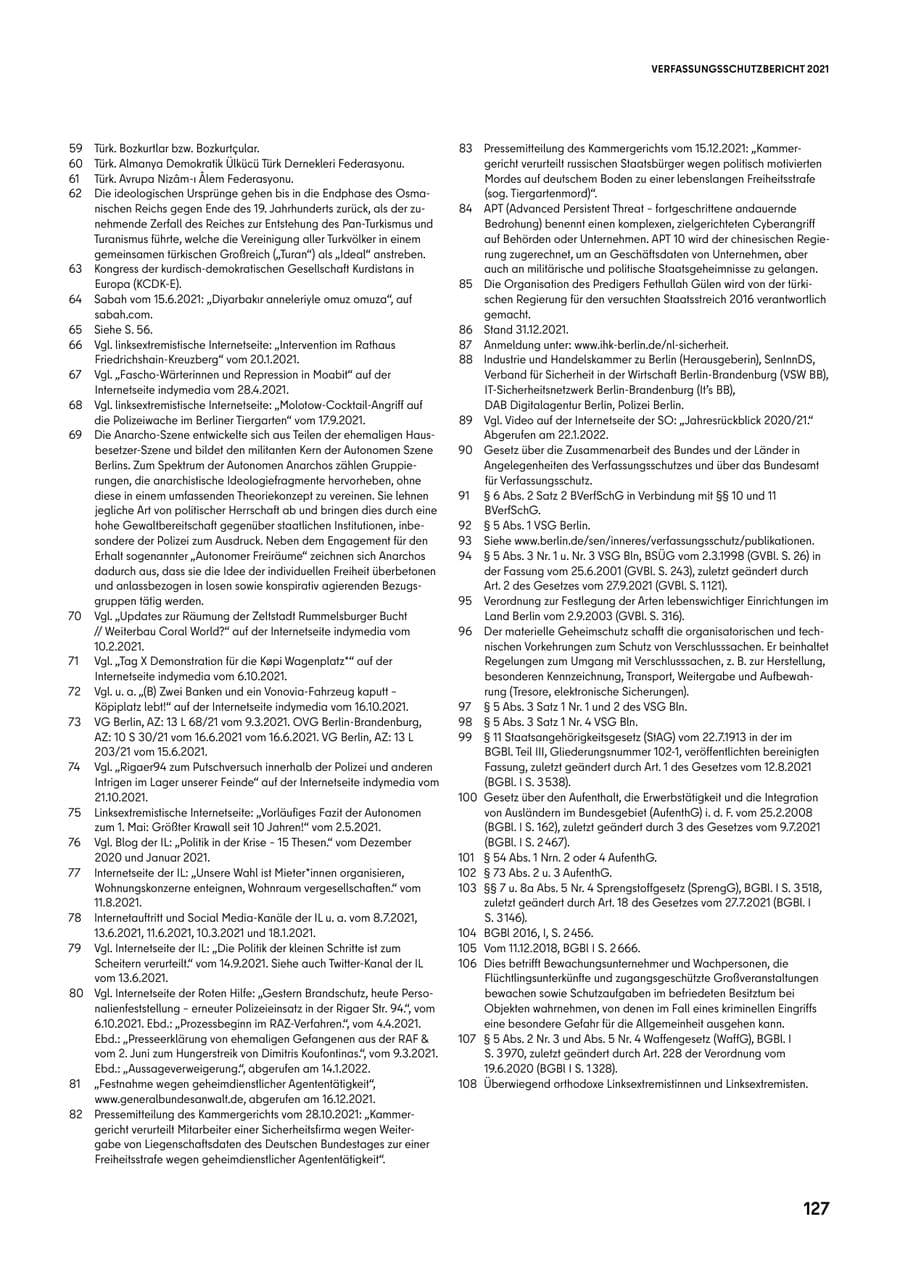 Seite 127 des Verfassungsschutzbericht 2021 Berlin