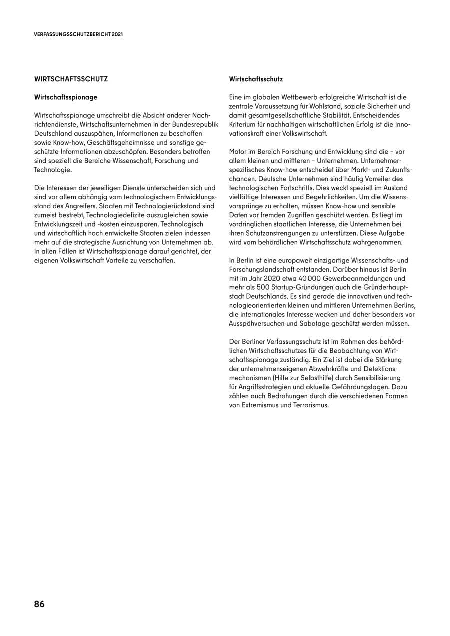 Seite 86 des Verfassungsschutzbericht 2021 Berlin