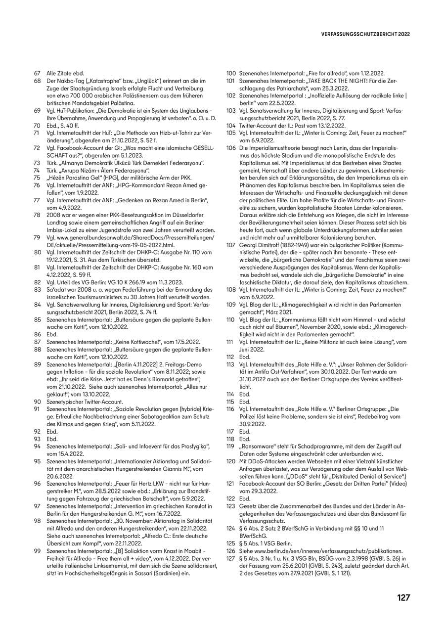 Seite 127 des Verfassungsschutzbericht 2022 Berlin
