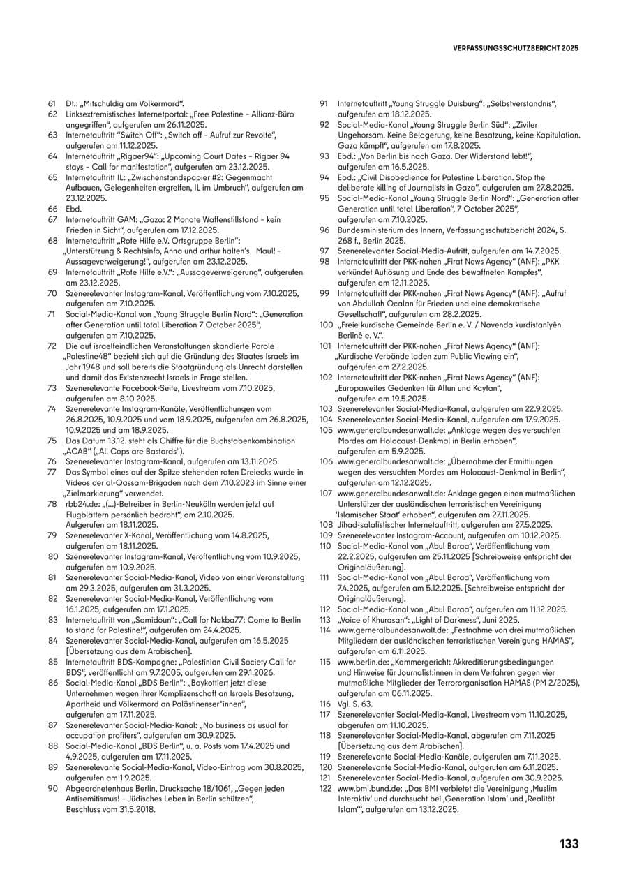 Seite 133 des Verfassungsschutzbericht 2025 Berlin