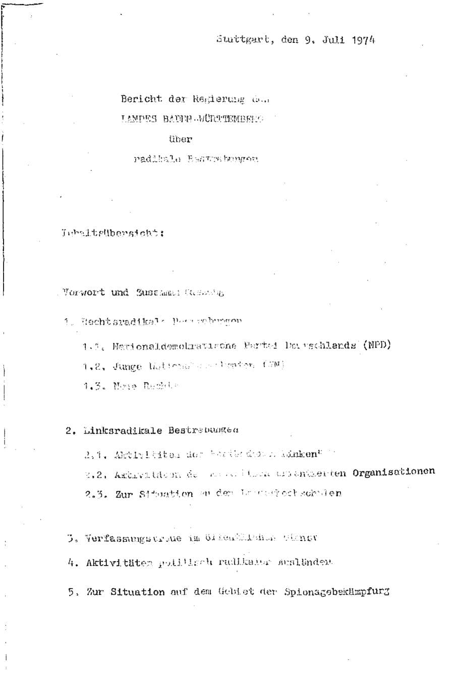 Seite 2 des Verfassungsschutzbericht 1974 Baden-Württemberg