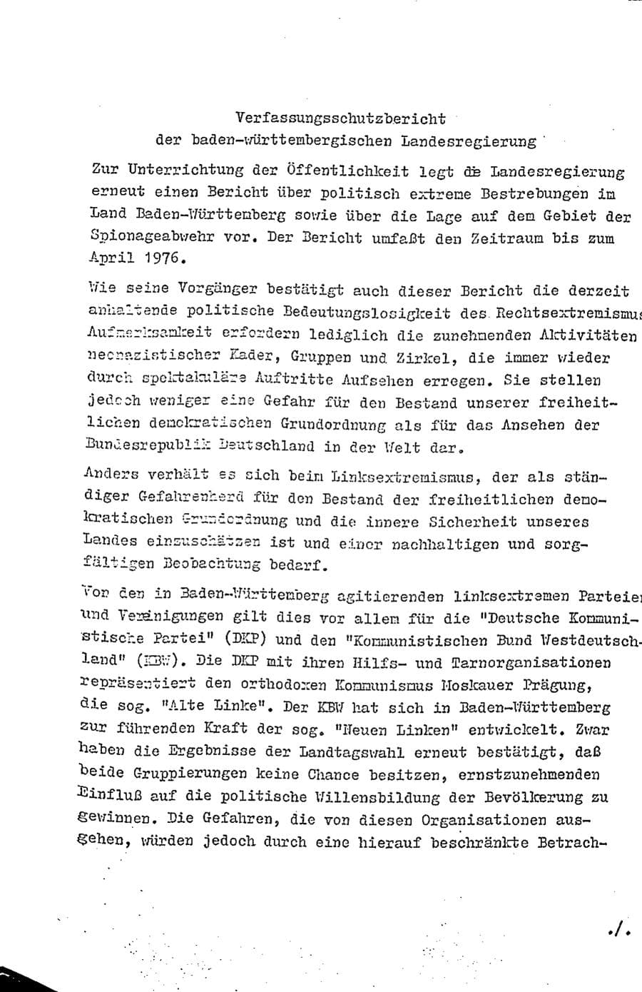 Seite 2 des Verfassungsschutzbericht 1975 Baden-Württemberg