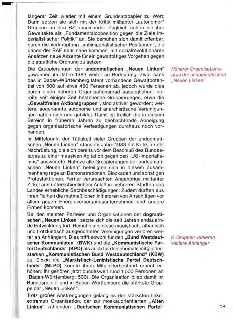 Seite 20 des Verfassungsschutzbericht 1983 Baden-Württemberg