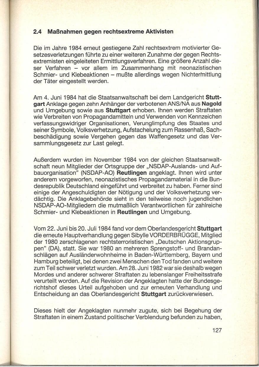 Seite 129 des Verfassungsschutzbericht 1984 Baden-Württemberg