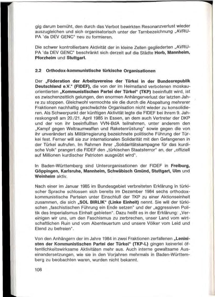 Seite 110 des Verfassungsschutzbericht 1985 Baden-Württemberg