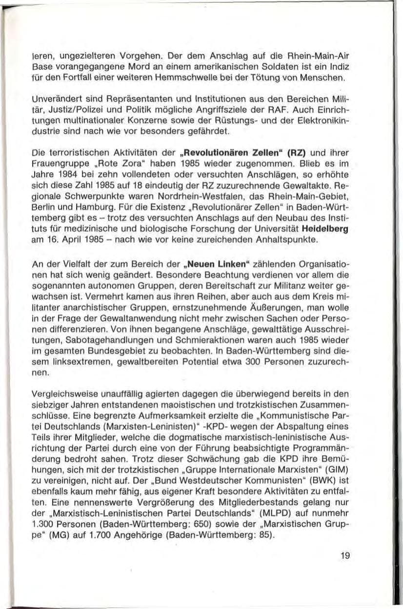 Seite 21 des Verfassungsschutzbericht 1985 Baden-Württemberg