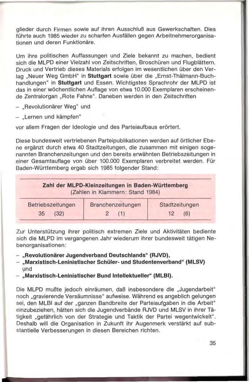 Seite 37 des Verfassungsschutzbericht 1985 Baden-Württemberg