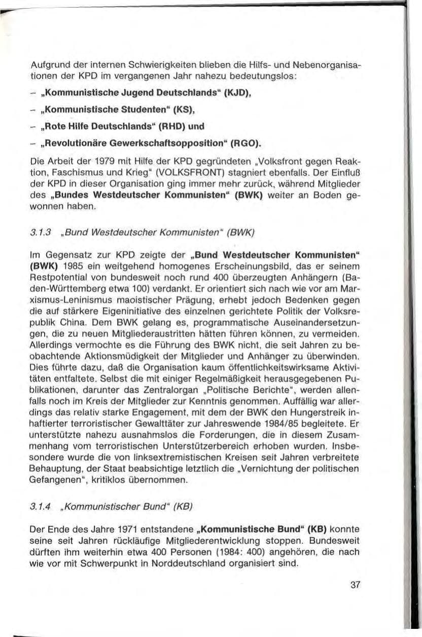 Seite 39 des Verfassungsschutzbericht 1985 Baden-Württemberg