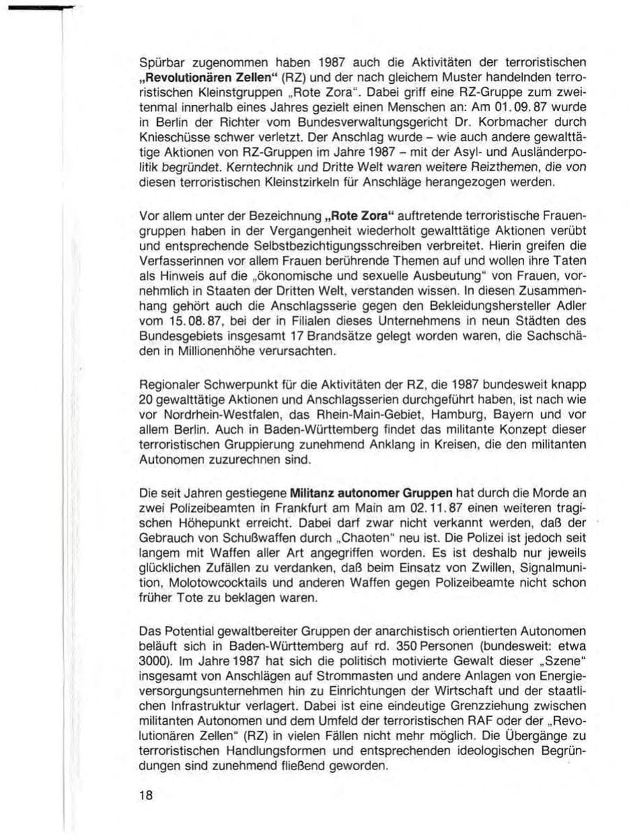 Seite 20 des Verfassungsschutzbericht 1987 Baden-Württemberg