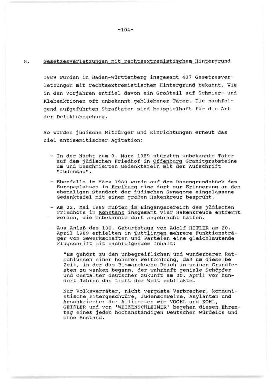 Seite 105 des Verfassungsschutzbericht 1989 Baden-Württemberg