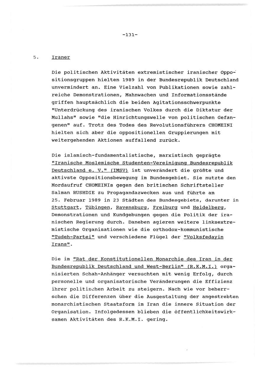 Seite 132 des Verfassungsschutzbericht 1989 Baden-Württemberg
