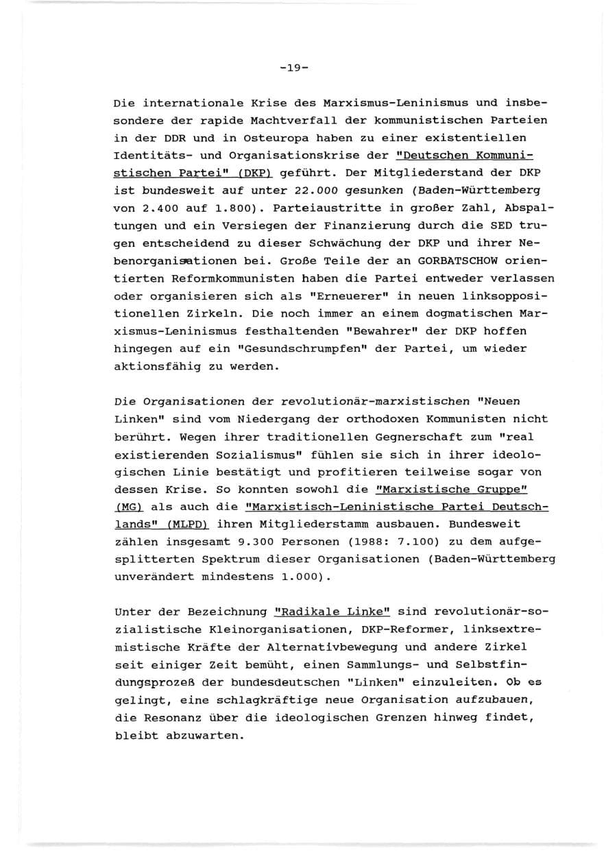 Seite 20 des Verfassungsschutzbericht 1989 Baden-Württemberg