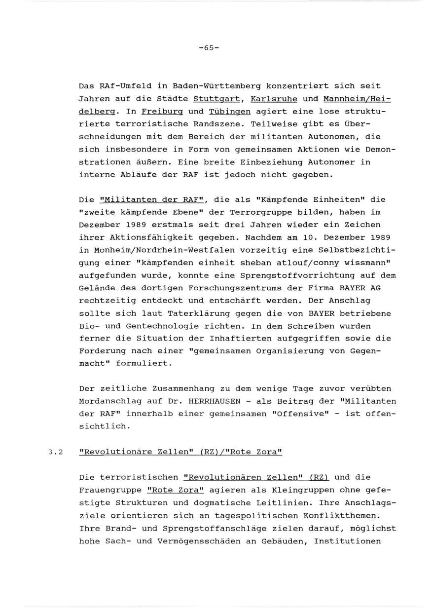 Seite 66 des Verfassungsschutzbericht 1989 Baden-Württemberg