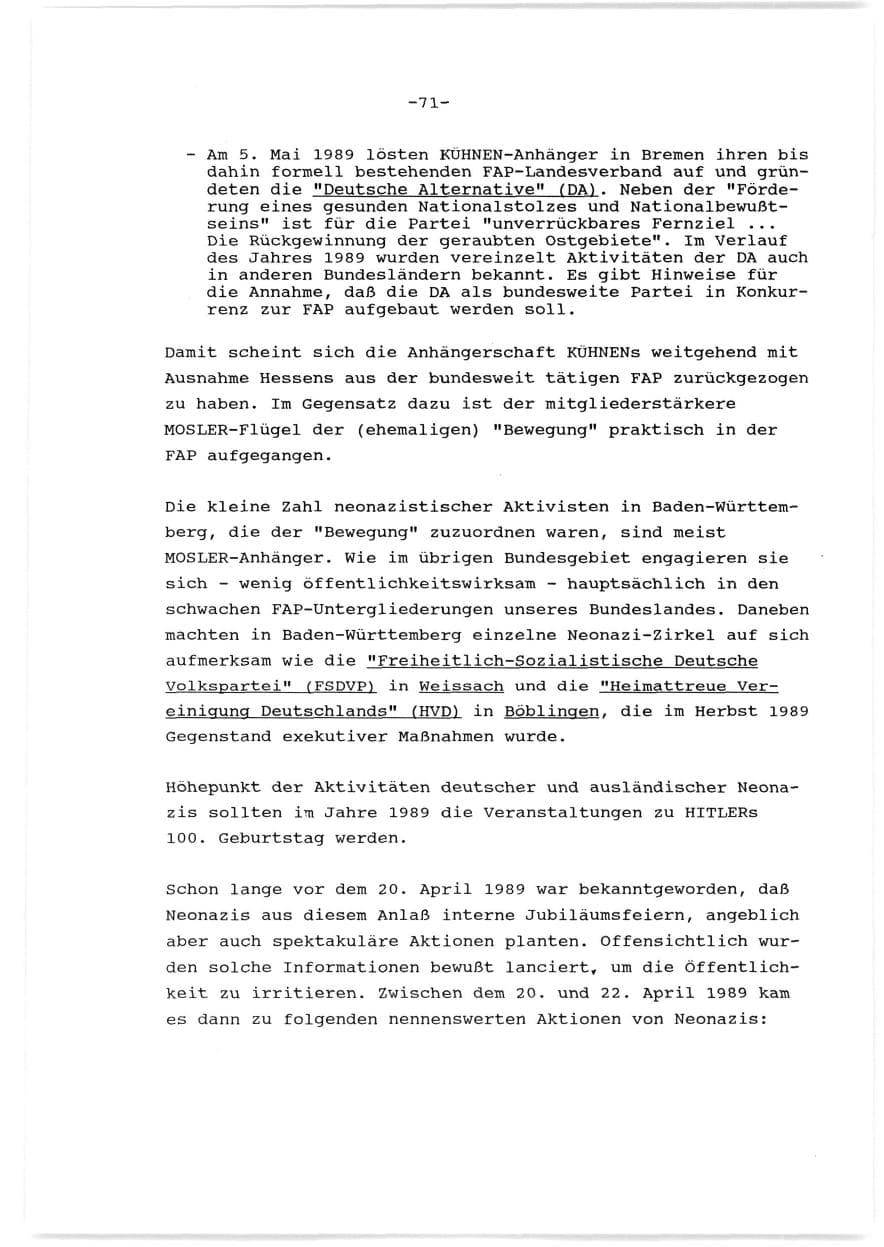 Seite 72 des Verfassungsschutzbericht 1989 Baden-Württemberg